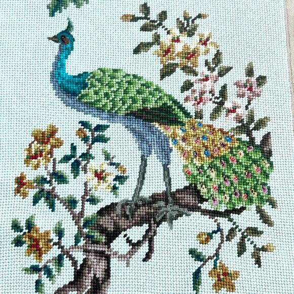 Vintage Needlepoint Peacock Wall Art with Birds, Butterflies & Botanicals - Picture 4 of 11